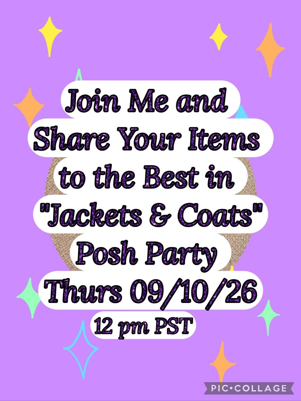 Purple Join Me Posh Party Poster for "Jackets & Coats" Event